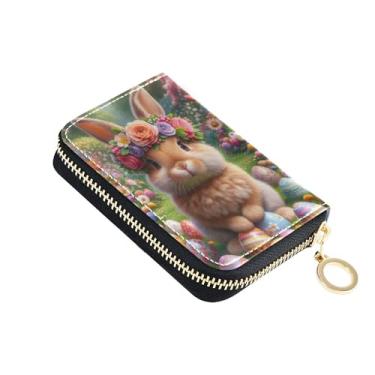 Imagem de Carteira feminina floral de coelhinho de Páscoa com zíper em torno de porta-cartões com bloqueio de RFID, porta-moedas, decorativa, com chaveiro