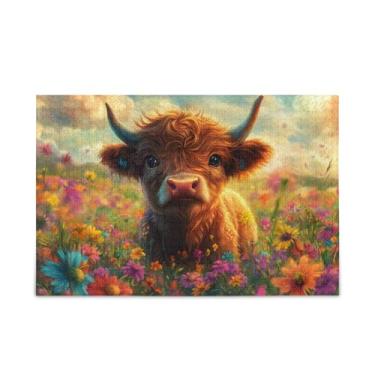 Imagem de Quebra-cabeça fofo de 500 peças com flor de bezerro das Terras Altas, composto de papel e madeira com bolsa de armazenamento