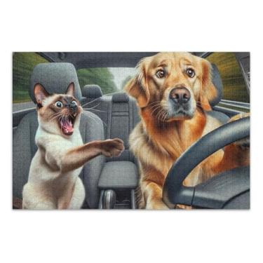 Imagem de Quebra-cabeça de cachorro dirigindo com gato, quebra-cabeça de 500 peças, jogo de arte de parede para casa, desafio, para adultos