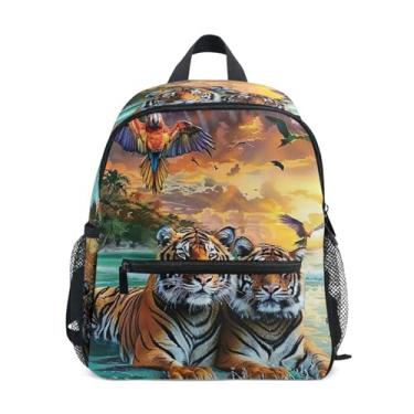 Imagem de GAIGEO Painting Tigers Beach Scenery Kids' Backpack, 10x4x12 In, Preschool Backpack for Girls Includes Water Bottle Pockets, Whistle Clip for Safety