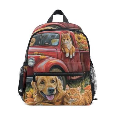 Imagem de GAIGEO Autumn Truck Pumpkin Floral Toddler Mini Backpack with Whistle, 2 Bottle Pockets, Lightweight, Toddler Travel Backpack 10x4x12 In, for Ages 3-8