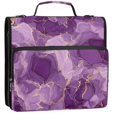 Imagem de Pasta organizadora de fichários de 3 anéis roxos mármore com zíper de 3 cm com alça de ombro para documentos, vários bolsos, pasta grande, 34,5 x 31,5 x 9 cm
