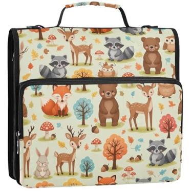 Imagem de Organizador de fichário fofo de animais da floresta raposas com zíper para fichários de 3 anéis com alça de ombro, suporte para 500 lençóis, 34,5 x 31,5 x 9 cm