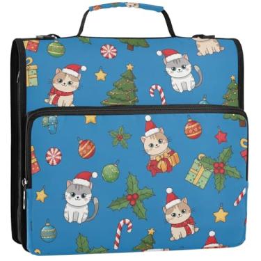 Imagem de 3 fichários para fichários de 3,5 cm, anéis D, gatos, Papai Noel, árvores de Natal, azul, com zíper, bolsa de fichário de ensino médio com alça, pasta de armazenamento de viagem com alça, 34,5 x 31,5