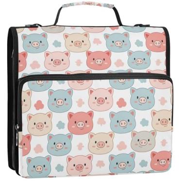 Imagem de Bonito desenho animado porco rosa pastel 3 fichários com 3 anéis resistentes com zíper bolsa organizadora de fichários escolares com alça de ombro portfólio e estojo suporte para pasta de anel, 34,5 x