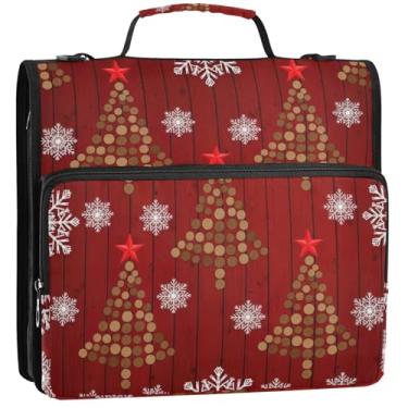 Imagem de Árvore de Natal Bolinhas Estrelas Vermelhas 3,8 cm Fichários 3 Anéis Organizador de Fichário com Zíper Bolsa Escolar com Alça de Ombro Bonito Vários Bolsos Pasta Grande Portfólio, 34,5 x 31,5 x 9 cm