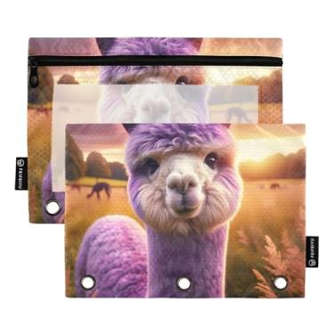 Imagem de GAIGEO Pasta de lápis para estudantes com 3 anéis, bolsa com zíper, fichário transparente, bolsos transparentes, alpaca roxa, engraçada, 25 x 18 cm, 2 pacotes