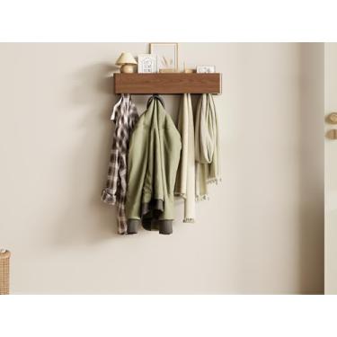 Imagem de CycleCrew Cabide de madeira maciça montado na parede com ganchos de prateleira – Prateleiras flutuantes modernas com 5 ganchos ocultos, porta-chaves de entrada resistente para corredor, banheiro