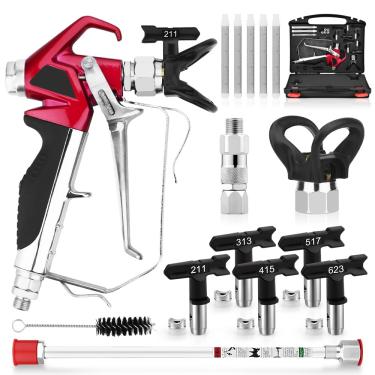 Imagem de JXZSJ Pistola De Pintura Sem Ar Alta Pressão 4000 Psi Com Pontas Pulverização Ar, Protetor Ponta, Junta Giratória, Filtro Haste Extensão 10 Polegadas E Escova Ferro (211, 313, 415, 517, 623)