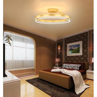 Imagem de Luminária de teto LED moderna para quarto, 40cm, redonda, preta com detalhes dourados, dimerizável, com controle remoto, econômica, três cores de luz, ideal para sala de jantar, sala de esta