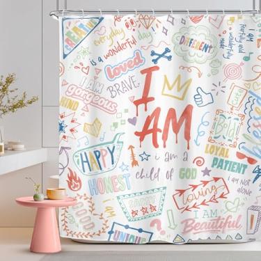 Imagem de Riyidecor Cortina de chuveiro com citações inspiradoras para decoração de banheiro 182 cm L x 182 cm A Funny Teens I Am Motivational Colorful Graffiti Art Impresso Tecido Poliéster Impermeável Pacote