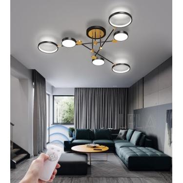 Imagem de Luminária de teto LED moderna, regulável, preta e dourada, com controle remoto, estilo lustre circular, iluminação interna sem cintilação para sala de estar, quarto e sala de jantar (preta,