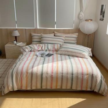 Imagem de VClife Conjunto de capa de edredom de algodão lavado Queen (inclui 1 capa de edredom e 2 fronhas) capa de edredom moderna rosa laranja verde listrada com fecho de zíper 3 peças roupa de cama para
