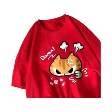 Imagem de Camiseta Feminina De Verão Com Estampa De Gato Enojado, Gola Redonda, 