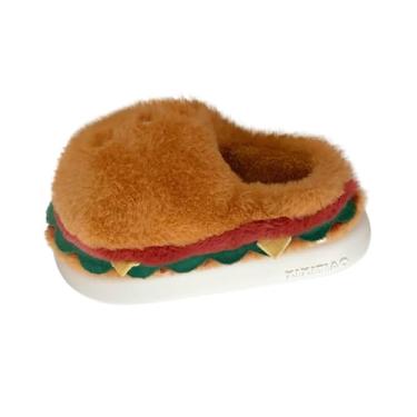 Imagem de Chinelos casuais femininos amarelos para homens e mulheres, design fofo de hambúrguer de inverno, salto de cobertura total, felpudo para uso interno