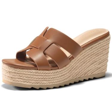 Imagem de Coutgo Sandálias femininas plataforma plataforma alpargata, bico aberto, tiras, sapatos casuais de verão, Marrom, 40