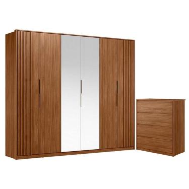 Imagem de Cômoda Atria 4 Gavetas e Guarda Roupa Casal Ripado Atrice Nogueira Touch com Espelho Demóbile – Demartêz 