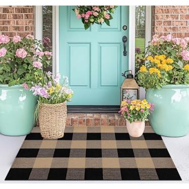 Imagem de Tapete de outono em camadas 61 x 89 cm Buffalo quadriculado tapete de algodão lavável casa de fazenda tapete de entrada para tapete de boas-vindas varanda quarto sala de estar