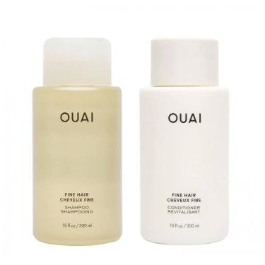 Imagem de Shampoo e Condicionador OUAI Fine, volume para cabelos finos, queratina, biotina, chia, sem sulfato, 300ml cada, branco