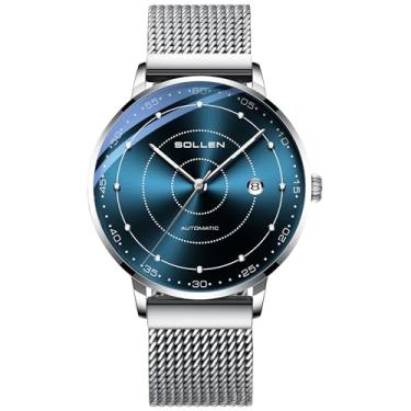 Imagem de SOLLEN Relógios automáticos masculinos, movimento mecânico japonês, vidro mineral, resistente à água de 3 ATM, caixa de aço inoxidável, ponteiros luminosos e calendários, relógio de pulso minimalista
