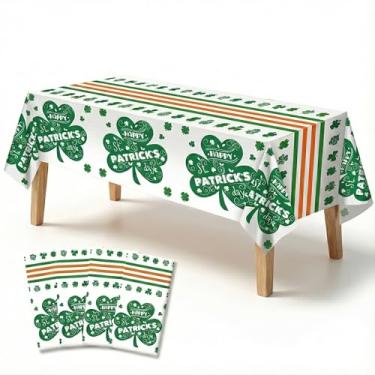 Imagem de Pyrrhiax Toalha de mesa de Dia de São Patrício Pacote com 4 - Capa de mesa descartável de trevo verde 137 x 272 cm, material PE impermeável, serve para mesas de 1,8 a 2,4 m para decorações de festa