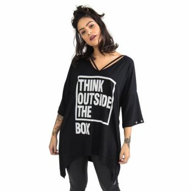 Imagem de Blusa Maxi Comprida EstampaFrase Manga Três Quartos Gola V - THINK OUT