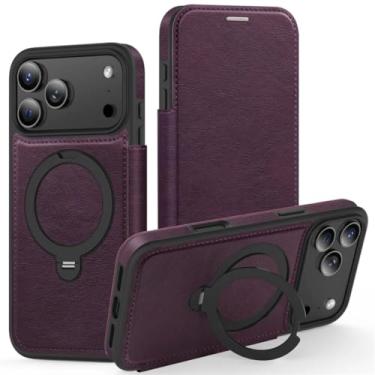 Imagem de SFDSUH Capa carteira dobrável em couro com suporte magnético para iPhone 16e, compartimento para cartão e aba (para iPhone 16e/roxo escuro)