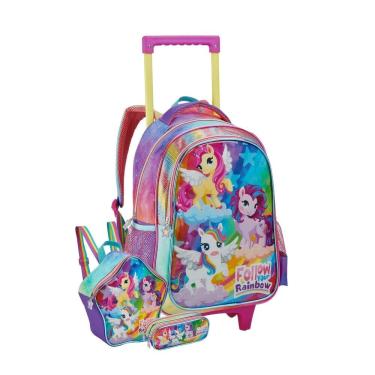 Imagem de Kit Escolar Mochila Rodas + Lancheira + Estojo Rainbow