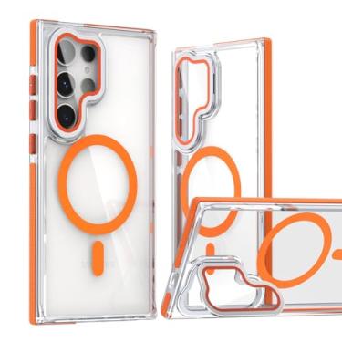 Imagem de POYUFRG Capa magnética para Samsung Galaxy S26 Ultra/S26 Plus/S26, capa antiderrapante transparente HD antiamarelamento com capa de suporte de proteção de lente, laranja, S26