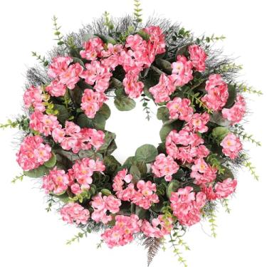 Imagem de KuiMen Guirlandas de primavera e verão para porta da frente guirlanda de gerânio artificial rosa de 61 cm com placa de suspensão abençoada, para decoração interna e externa (rosa, 24)