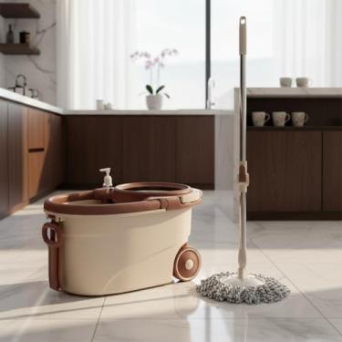 Imagem de Mop com Balde Giratório 16 Litros, Cesto em Inox, Esfregão Lava e Seca com 2 Refis de Microfibra, Sistema de Limpeza com Rodas