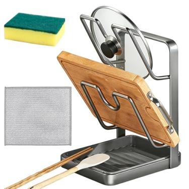 Imagem de TPILOAW Rack de armazenamento de tampa de panela de cozinha, suporte de tábua de corte com bandeja de gotejamento removível, utensílios multifuncionais, tampa de panela, prateleira para fogão ou