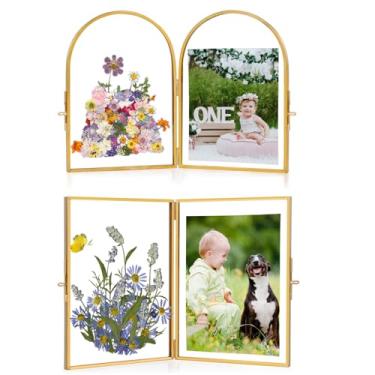 Imagem de Himitimi 2 peças de moldura de vidro feita à mão para flores prensadas com flores secas e adesivos de borboleta, moldura dupla articulada de 12 x 18 cm, molduras dobráveis para fotos de mesa para