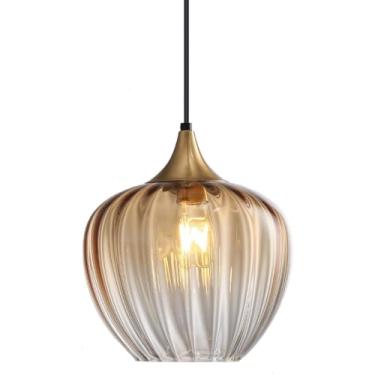 Imagem de Luminária pendente para mesa de jantar, estilo nórdico, com altura ajustável e cúpula de vidro. Design moderno e criativo para sala de jantar, cozinha, sala de estar e quarto (âmbar).