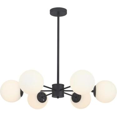 Imagem de Lustre Sputnik Preto Fosco de Meados do Século com 6 Lâmpadas em Formato de Bola de Vidro Leitoso, Luminária Moderna para Cozinha, Ilha e Sala de Jantar.