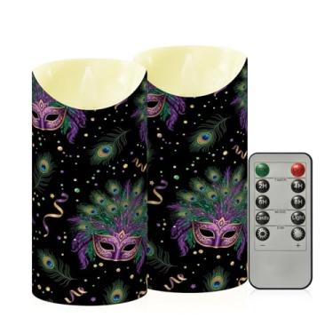 Imagem de Wassud Pacote com 2 máscaras de baile de máscaras de penas sem chamas com controle remoto, velas realistas cintilantes com temporizador, velas decorativas para Natal, casamento, festa, decoração de