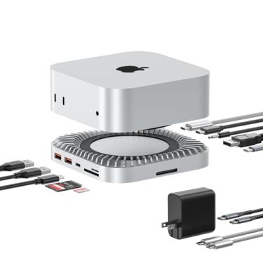Imagem de Gabinete de base Mac mini M4 de 40 Gbps, hub de suporte de alumínio 10 em 1 com Thunderbolt3, 40G TB3, 8K30Hz HDMI, leitor SD/TF, design vertical que economiza espaço