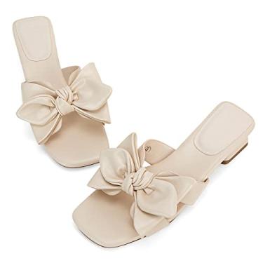 Imagem de Fashare Sandálias femininas de salto baixo elegantes com laço para o verão, salto grosso, bico aberto, chinelos sem cadarço, Bege, 40