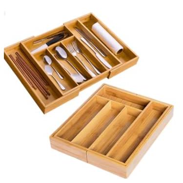 Imagem de Porta Talheres Bambu Organizador Separador 5 Divisórias Extensivel Gaveta Grande BAMBU