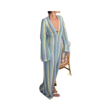 Imagem de Vestido Maxi De Crochê Com Listras Coloridas Para Mulheres, Manga Larg