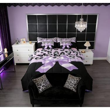 Imagem de Feelyou Conjunto de cama casal com laço de seda roxa, tamanho casal, leopardo, cinza, para crianças, meninas, mulheres, preto e roxo em uma bolsa, conjunto de cama romântica