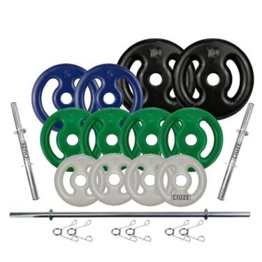 Imagem de Kit Anilhas Emborrachada 50 Kg + Barras Com Presilhas-Unissex