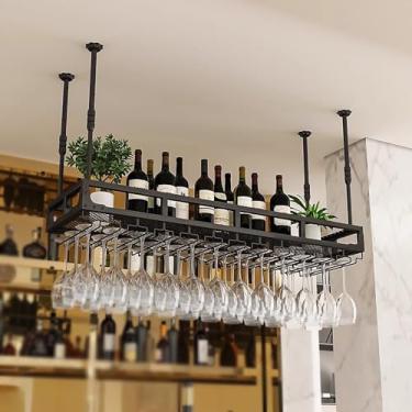 Imagem de Rack de vinho suspenso com suporte de vidro, rack de vidro de teto ajustável de 35 cm-55 cm de altura, suporte de garrafa de vinho de metal, rack de armazenamento de copo de vinho (cor: preto, tamanho