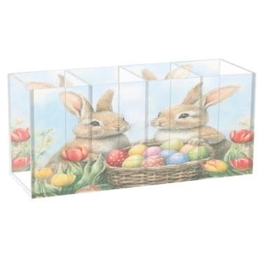 Imagem de Burbuja Porta-canetas de acrílico para coelhinhos com ovos de Páscoa, 4 compartimentos, suporte de lápis transparente para pincéis de maquiagem, acessórios de mesa de escritório em casa