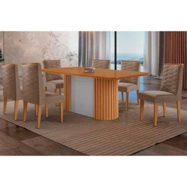 Imagem de Mesa Cozinha Pilar c/ Tampo Madeirado Canto Curvo 180x90cm e 6 Cadeiras Dafne Madeira Maciça Naturale/Off White - Capuccino/Suede Capuccino-Rufato