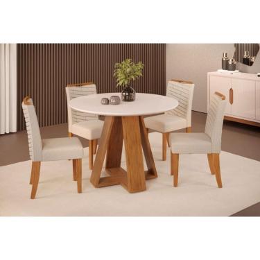 Imagem de Conjunto: Mesa Sala Jantar Celeste c/ Tampo Madeirado c/ Vidro Redondo 103x103cm e 4 Cadeiras Lia Freijo/Off White - Linho Neve DJ Móveis