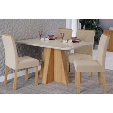 Imagem de Conjunto: Mesa Sala Jantar Maitê Tampo Madeirado c/ Vidro 130x80cm e 4 Cadeiras Fernanda Nature/Off White - Carvalho/Suede Nude Bege Cimol