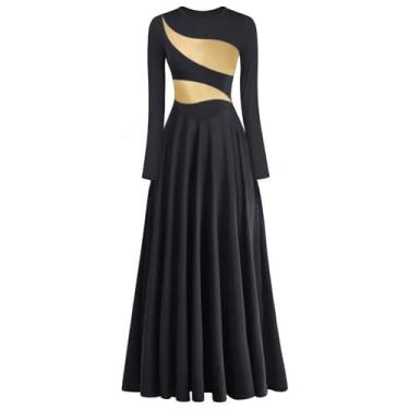 Imagem de yrsZX Vestido feminino de louvor de louvor folha dourada metálica manga longa adoração litúrgica dança lírica fantasia roupão igreja etiqueta PP, preto