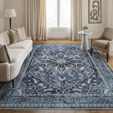 Imagem de Bloom Rugs Caria Tapete lavável antiderrapante 15 x 23 cm - Tapete de área tradicional azul/carvão para sala de estar, quarto, sala de jantar e cozinha - Tamanho exato: 1,8 x 2,5 m