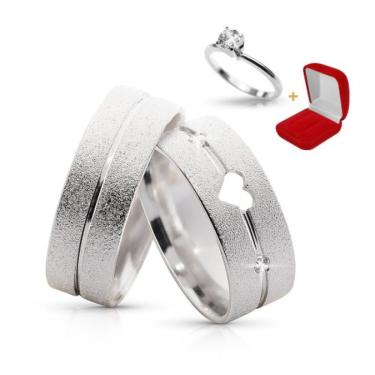 Imagem de Alianças Namoro Em Prata Coração + Anel Solitario